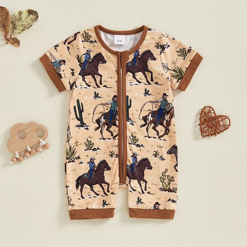 Boy Western Short Sleeve Round Neck Horse Print Jumpsuit