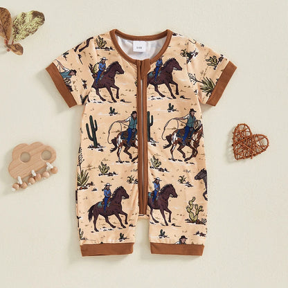 Boy Western Short Sleeve Round Neck Horse Print Jumpsuit