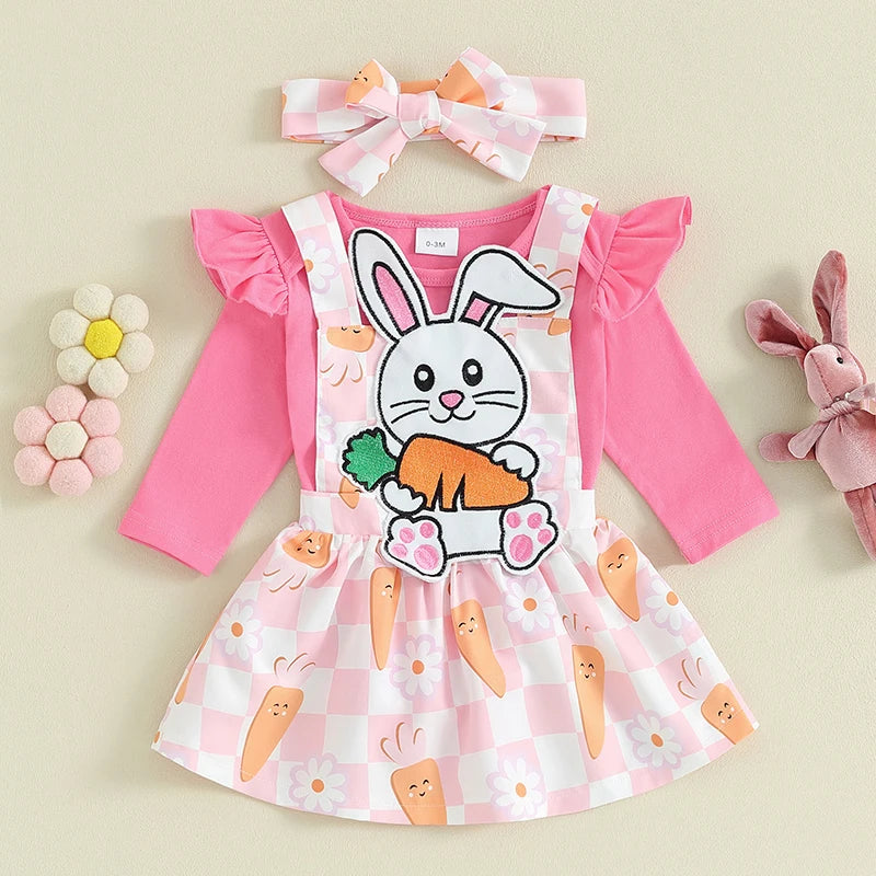 Long Sleeve Romper with Cartoon Rabbit Plaid Overall Dress