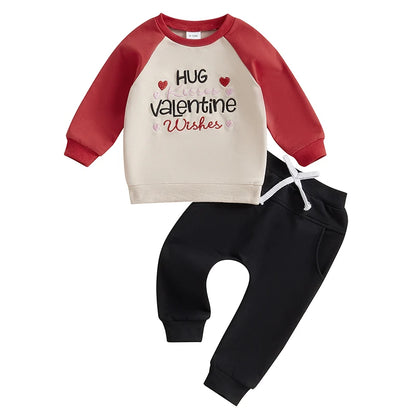 Long Sleeve Embroidery Letters Heart Sweatshirt with Sweatpants Valentine’s Day Outfit