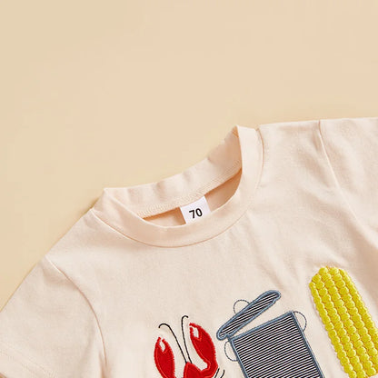 Short Sleeve  Embroidery T-shirt with Lobster Print Shorts Set