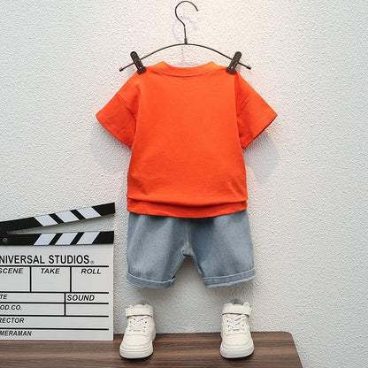 Cartoon Sports T-Shirt + Ripped Denim Shorts Sets