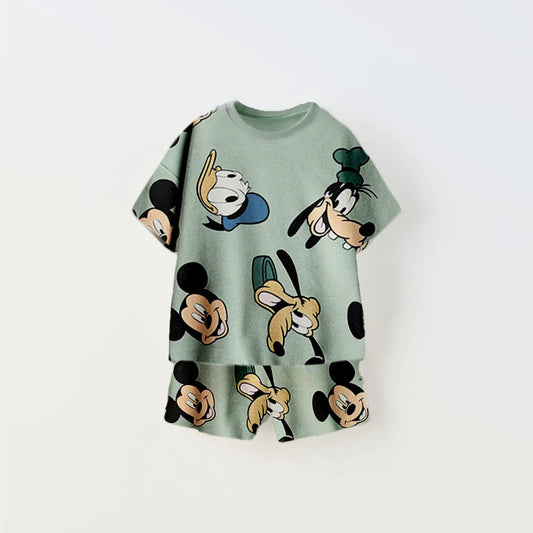 Cartoon Print Tshirt+Shorts Two Piece Set
