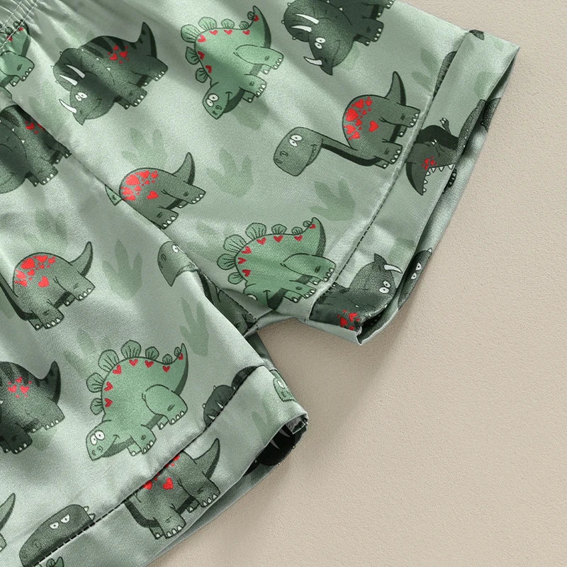 Dinosaur Print Collar Short Sleeve Shirts and Elastic Waist Shorts 2 Pieces Sleepwear