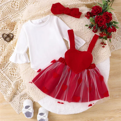 Valentines Day Outfit Flare Long Sleeve Romper Suspendder Skirt Headband Set