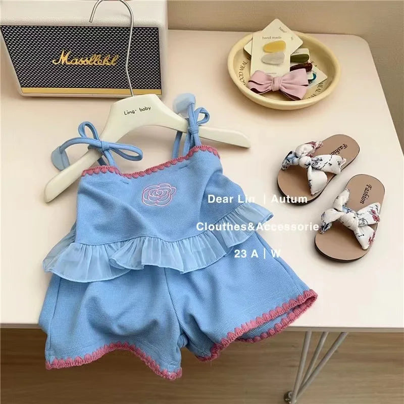 Embroidered Flower. Princess Sling + Shorts 2-piece Outfit Set