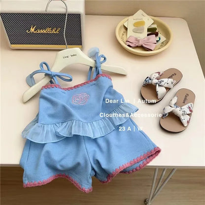 Embroidered Flower. Princess Sling + Shorts 2-piece Outfit Set