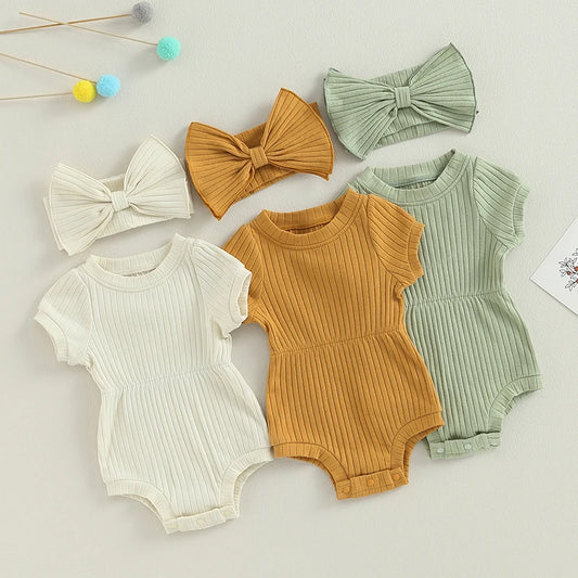 Ribbed Knit Short Sleeve Romper /Bodysuit with Headband