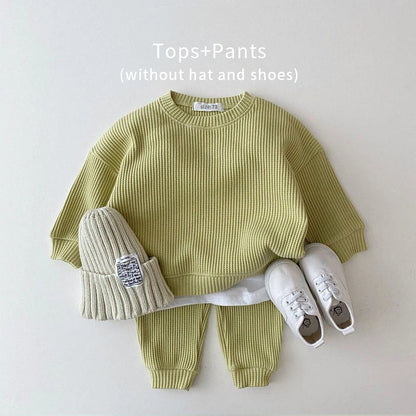 Waffle Cotton Kids Loose Tracksuit Pullovers Tops+Pants 2PCS Set