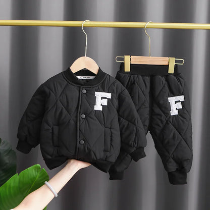 Kids Designer Luxury Clothes Winter 2023 Fashion Thickened Boys Letter Cotton Coats + Pants Suit Set Children's Christmas Outfit