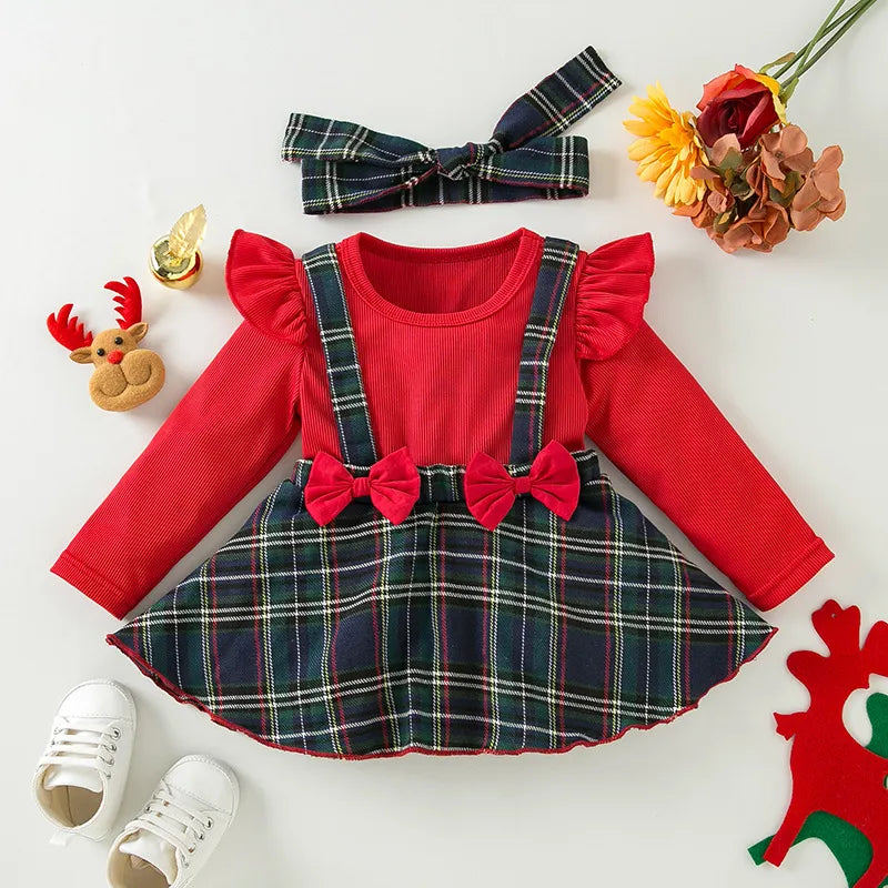 Festival Plaid Christmas Dress With Headband