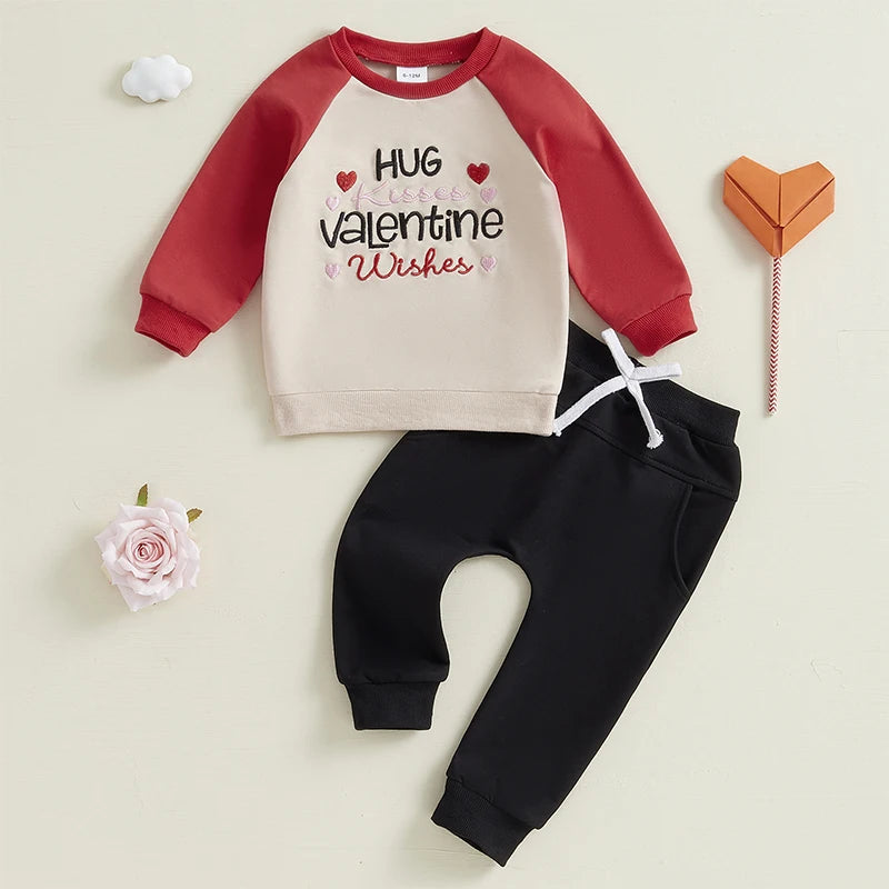 Long Sleeve Embroidery Letters Heart Sweatshirt with Sweatpants Valentine’s Day Outfit
