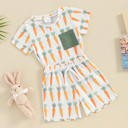 Carrot Print Short Sleeve Top Elastic Shorts Set