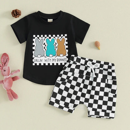 Bunny Print Short Sleeve T-Shirt with Checkerboard Print Shorts