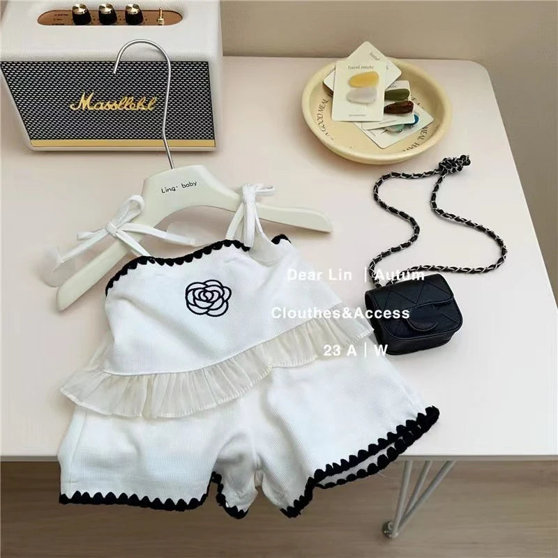 Embroidered Flower. Princess Sling + Shorts 2-piece Outfit Set