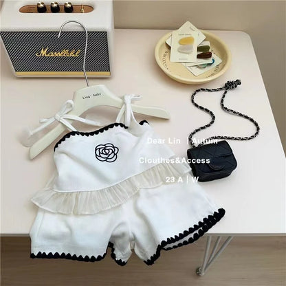 Embroidered Flower. Princess Sling + Shorts 2-piece Outfit Set