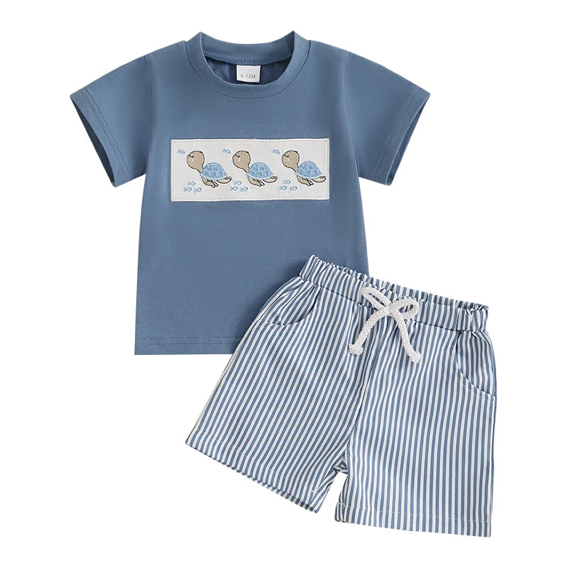 Whale/Dinosaur/Turtle Short Sleeve T-shirts  and Striped Elastic Waist Shorts