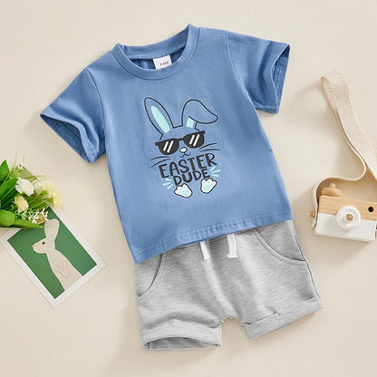 Easter Bunny Print Short Sleeve T-Shirt and Elastic Shorts