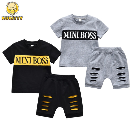 "Mini Boss" Letters Print T-shirt and Shorts Outfit