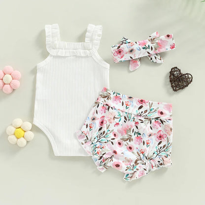 Baby Girls Shorts Set Sleeveless Romper Flower/Rainbow/ Print Shorts Hairband