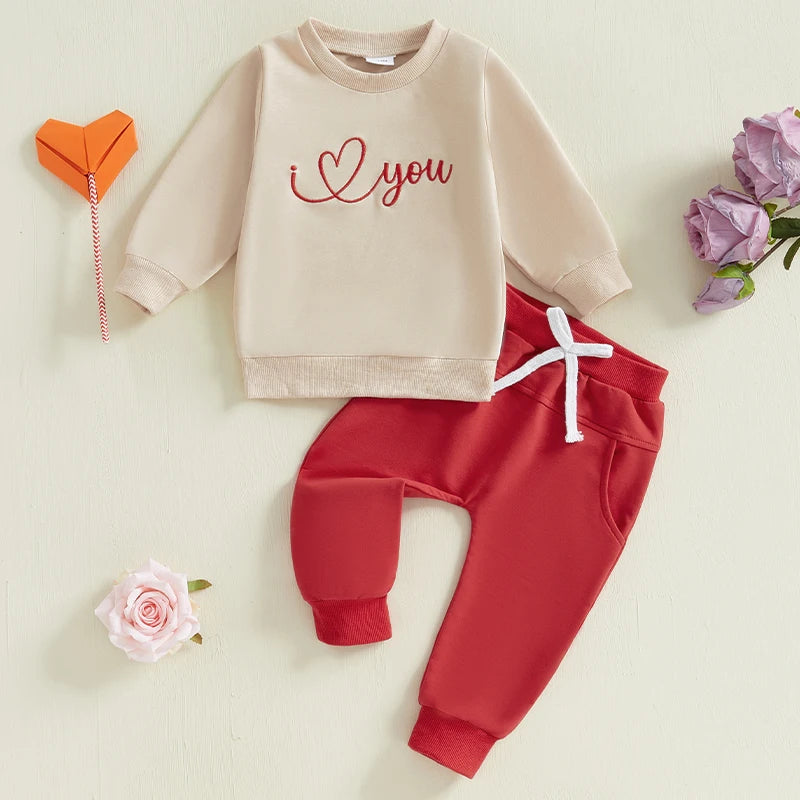 Long Sleeve Embroidery Letters Car Sweatshirt with Sweatpants Valentine’s Day Outfit