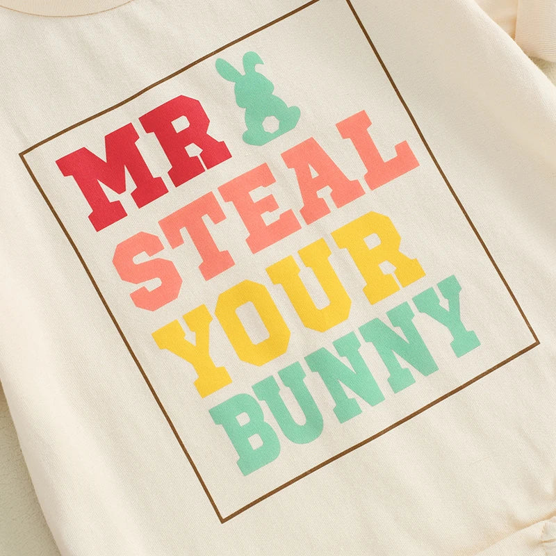 “Mr. steal your bunny” or “Mr. steal your eggs” romper