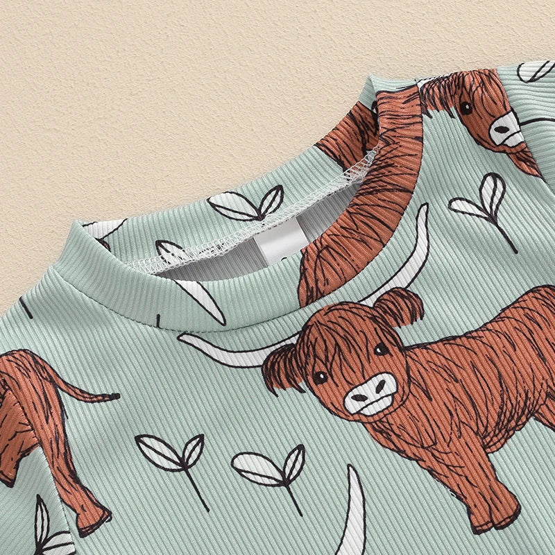 Short Sleeve Crew Neck Cow Head Print Romper