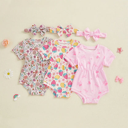 Ribbed Romper Floral/Bow/Strawberry Short Sleeve Bodysuit with Bow Headband