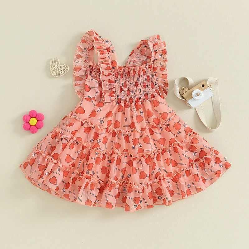 Heart Print Ruched Sleeveless Sundress Toddler Girl Casual Dress