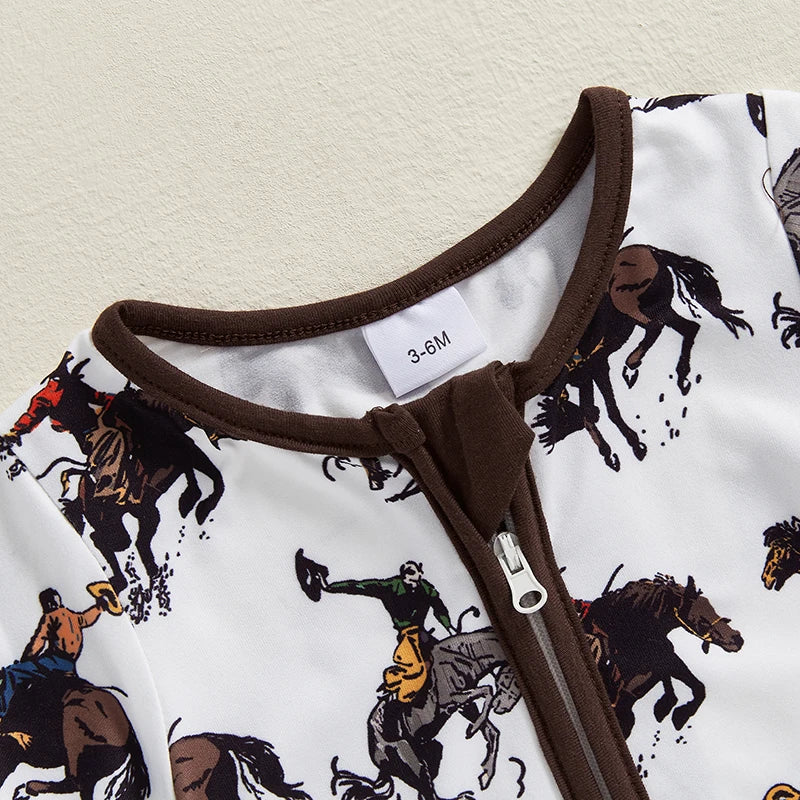 Boy Western Short Sleeve Round Neck Horse Print Jumpsuit