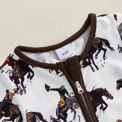 Boy Western Short Sleeve Round Neck Horse Print Jumpsuit