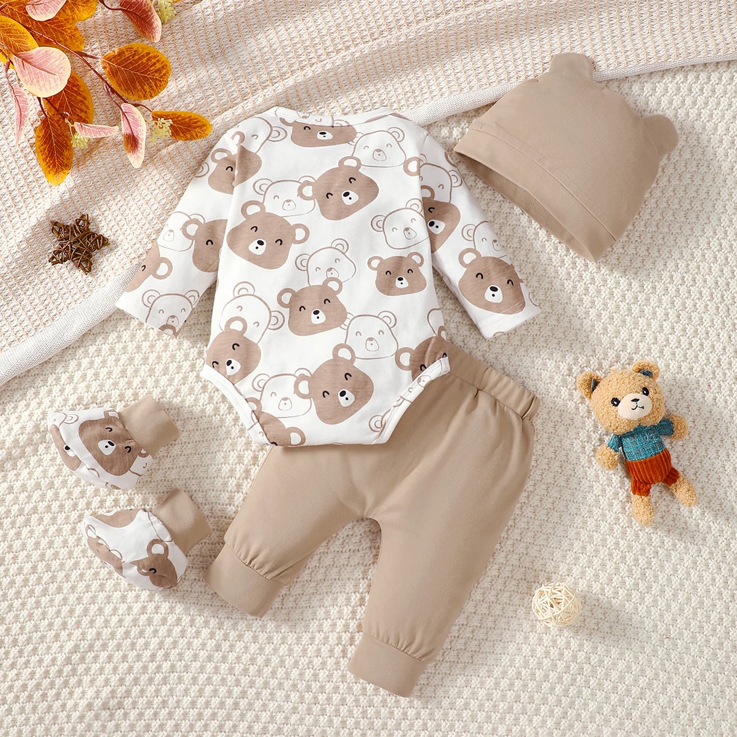 Little Bear Long Sleeve Bodysuit+Pants+Hat+Socks 4pcs/Set