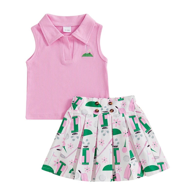 Sleeveless Tank Tops and Golf Print Pleated A-Line Skirt Set