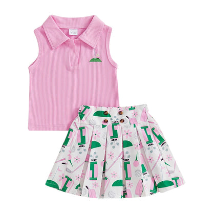 Sleeveless Tank Tops and Golf Print Pleated A-Line Skirt Set