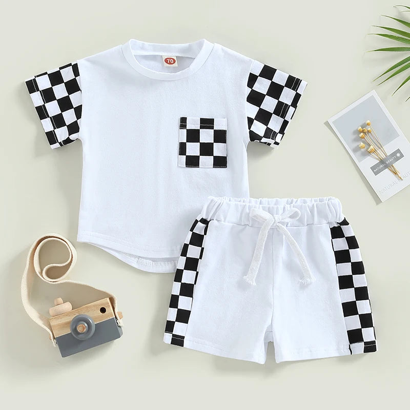 2Pcs Summer Clothes Suits Plaid Patchwork Short Sleeve Crew Neck T-Shirts and Shorts