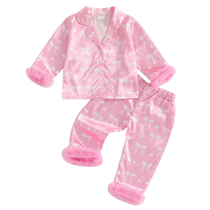 Valentine Pajamas Sets Bow Print Plush Long Sleeve Tops With Pants