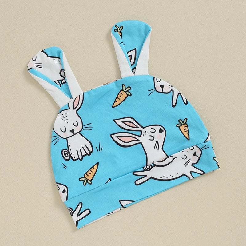 Long Sleeve Crew Neck Bunny Print Romper Tops and Pants with Bunny Hat