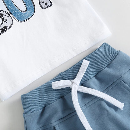 Short Sleeve Letter Print T-shirt  and Elastic Waist Drawstring Shorts