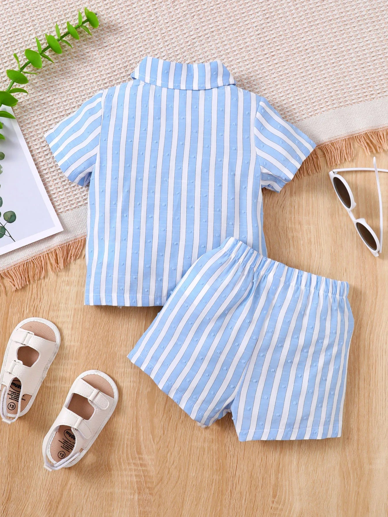 Baby boy Summer Set Blue and White Striped Shirt and shorts two Piece Set for 0-24 Month Male Baby Handsome and Casual Set