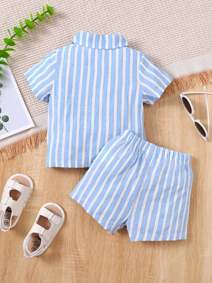 Baby boy Summer Set Blue and White Striped Shirt and shorts two Piece Set for 0-24 Month Male Baby Handsome and Casual Set