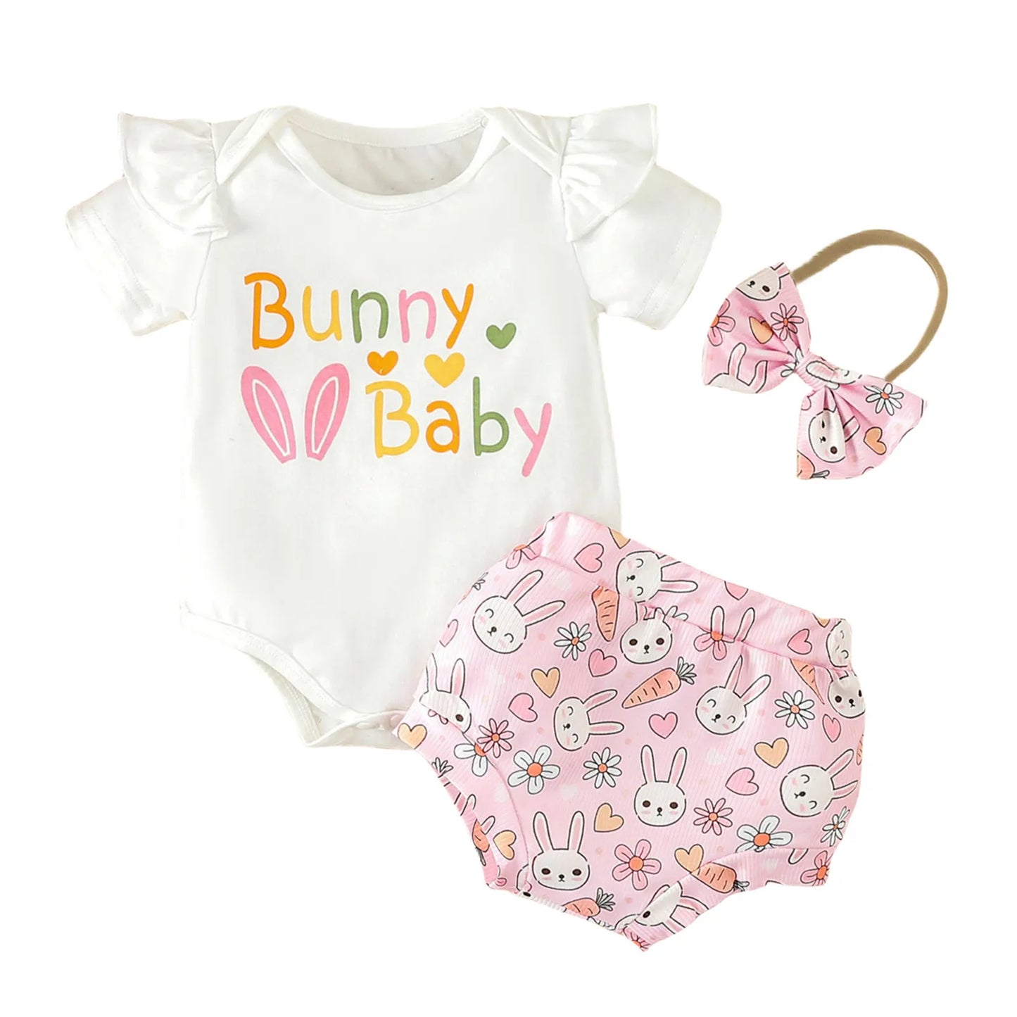 Short Sleeve Letter Print Romper Bodysuit with Shorts and Headband