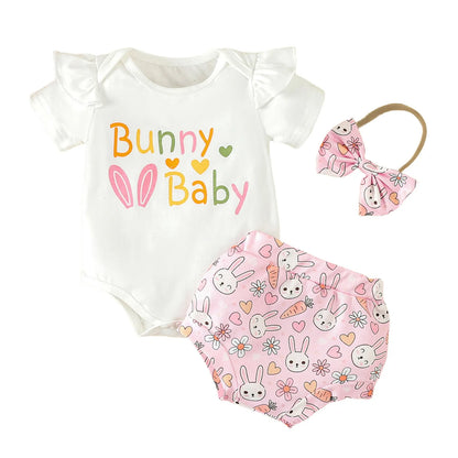 Short Sleeve Letter Print Romper Bodysuit with Shorts and Headband