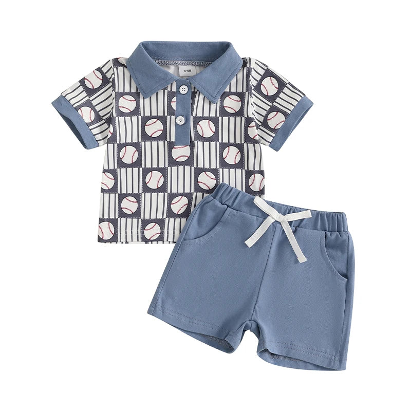 Boy Baseball Outfit Half Button-up Lapel Neck Short Sleeve Shirt Solid Short