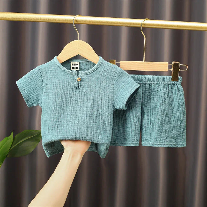 Solid Cotton Linen T-shirts+Shorts Set
