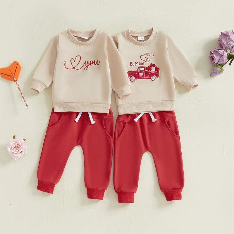 Long Sleeve Embroidery Letters Car Sweatshirt with Sweatpants Valentine’s Day Outfit
