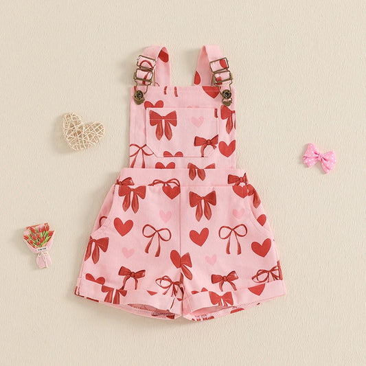 Girl Suspender Shorts Bow Heart Print Sleeveless Overalls