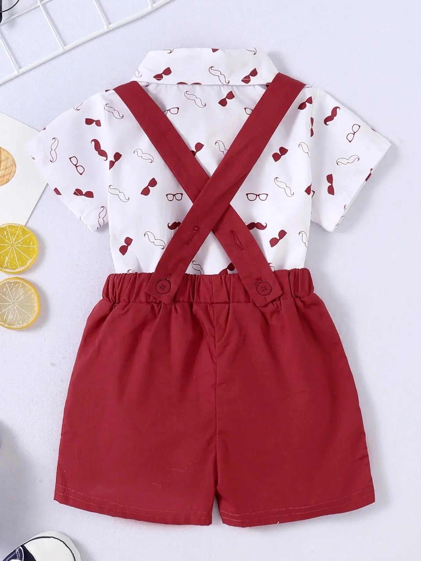 Short Sleeve Bodysuit with Bow+Suspender Shorts