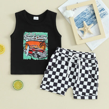 Sleeveless Tank Tops and Checkerboard Elastic Waist Shorts Set