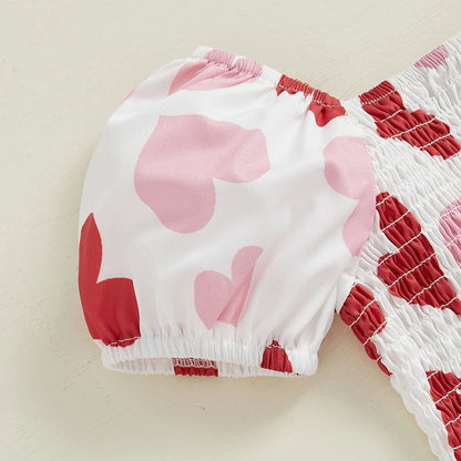 Heart Print Square Neck Short Sleeve Ruffled valentines Dresses