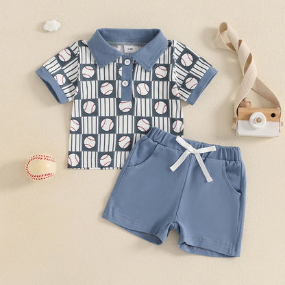 Boy Baseball Outfit Half Button-up Lapel Neck Short Sleeve Shirt Solid Short